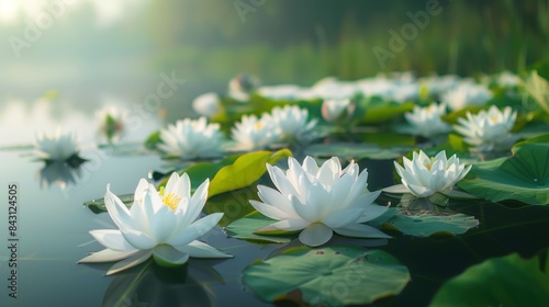 White Water Lilies Blooming on a Calm Pond at Dawn