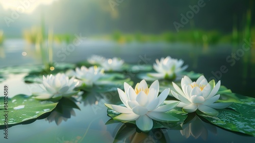 White Water Lilies Blooming in a Tranquil Pond at Dawn