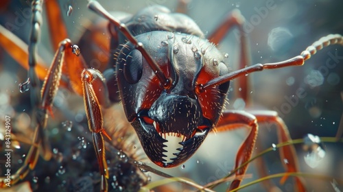 Close-up shot of a bug's face with water droplets glistening on its surface