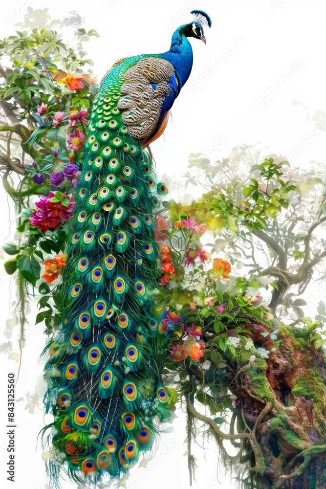 Obraz premium A majestic peacock with vibrant plumage perched on an ancient tree branch on a white background