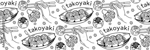 Takoyaki doodle seamless pattern. Japan street food hand drawn background. Unagi, octopus, hand with chopsticks hashi.