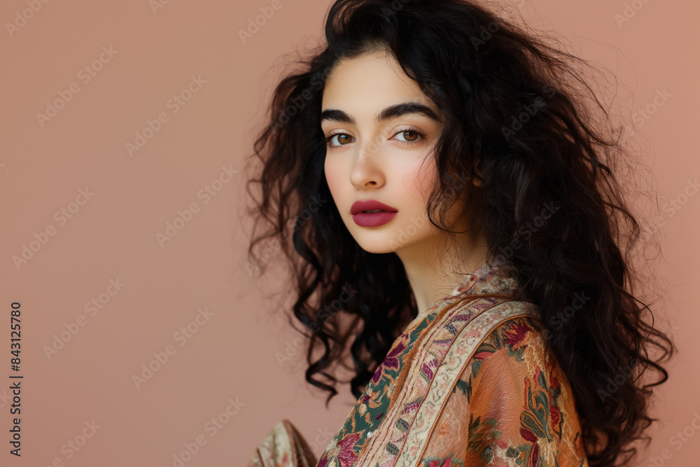 stylish middle eastern woman with curly hair wearing a vibrant embroidered top and dark lipstick