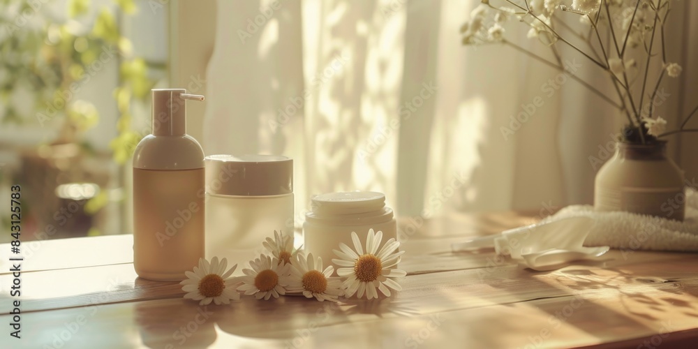 A wooden table covered with bottles of lotion and fresh flowers