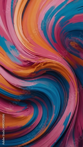 Colorful abstract background with swirling shapes in motion, blending shades of pink, blue, and orange.