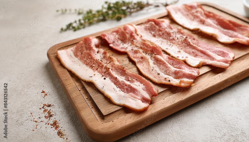 Gourmet raw bacon slices with seasonings on wooden board. Natural and tasty product. Fresh meat. Gourmet raw bacon slices with seasonings on wooden board. Natural and tasty product. Fresh meat.