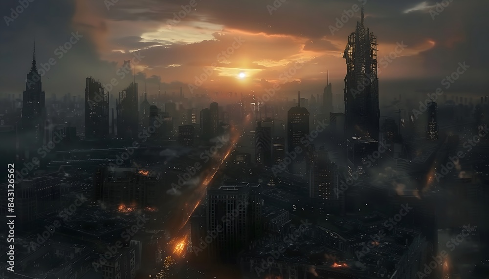 Dystopian Cityscape at Sunset with Gloomy Skies Dystopian Cityscape at Sunset with Gloomy Skies