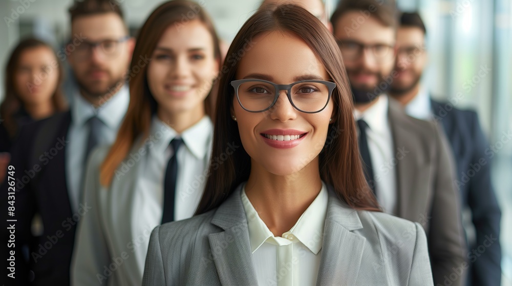 young businesswoman leader wearing glasses and suit looking at camera against blurred group of colleagues in background, female manager concept young businesswoman leader wearing glasses and suit looking at camera against blurred group of colleagues in background, female manager concept