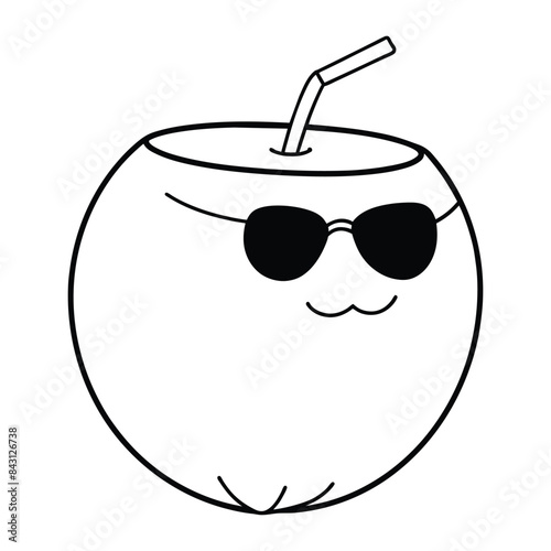 simple kids cheerful coconut wearing sunglasses with straw outline drawing vector on white background photo