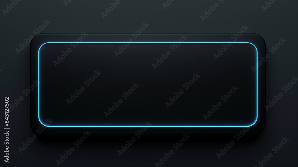 Neon blue frame with rounded edges on a dark empty panel on a black background. Copy space. Neon blue frame with rounded edges on a dark empty panel on a black background. Copy space.