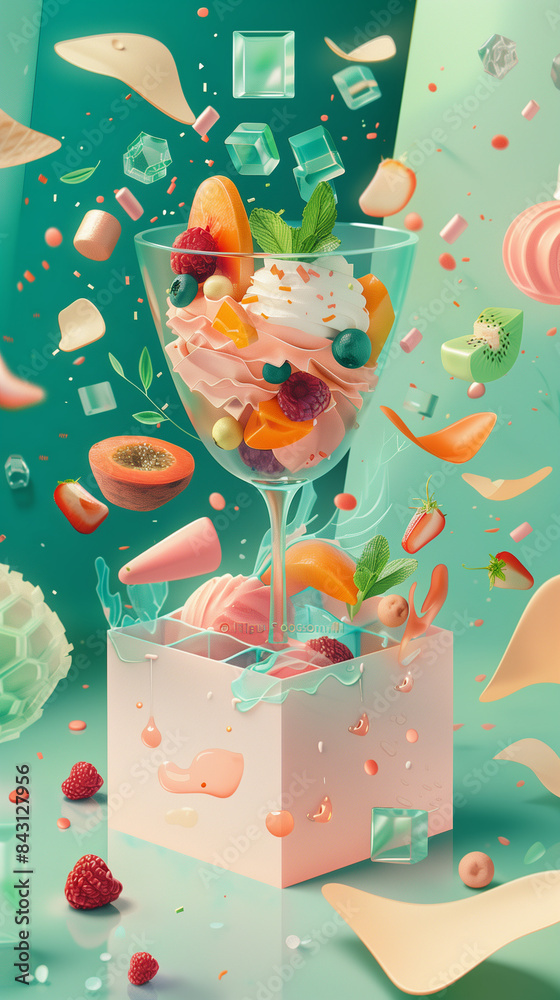 Naklejka premium dessert, ice cream, raspberry, mint, summer, sweet, glacée, epicure, indulgence, creative, vibrant, colourful, refreshing, melting, scoop, waffle cone, style, presentation, trendy, 