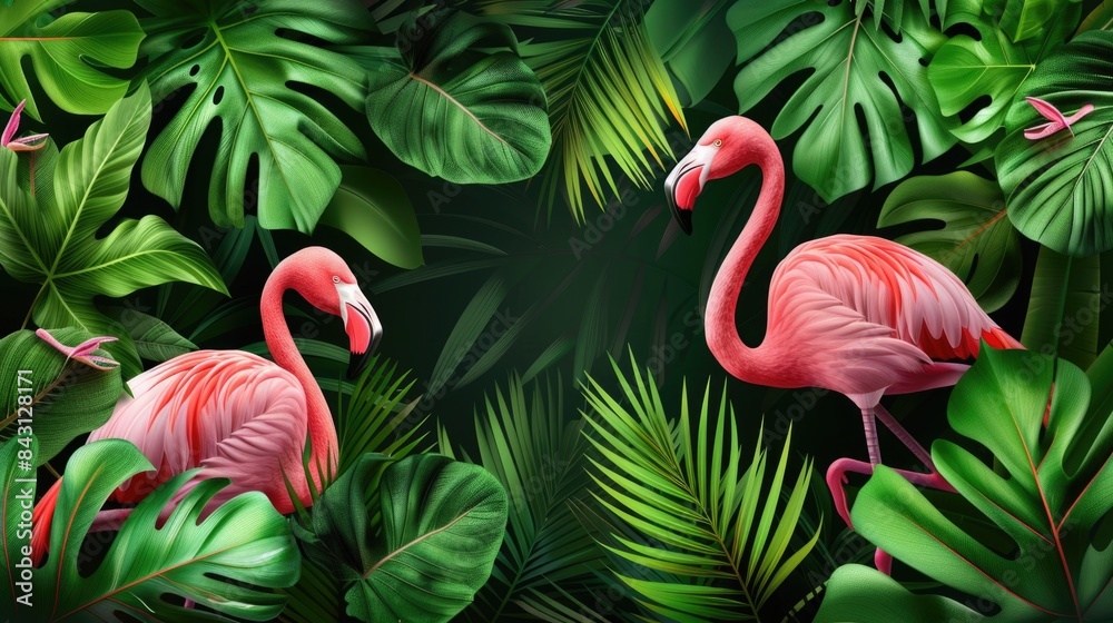 Fototapeta premium A group of flamingos posing side by side, showcasing their unique feathers and poses