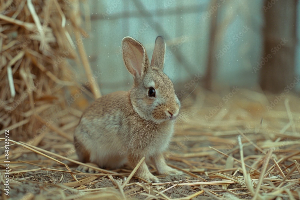 Fototapeta premium A small rabbit sits in the hay, perfect for country-themed or wildlife photography needs