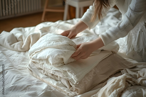 Woman Unpacking White Comforter Bed © Андрей Знаменский