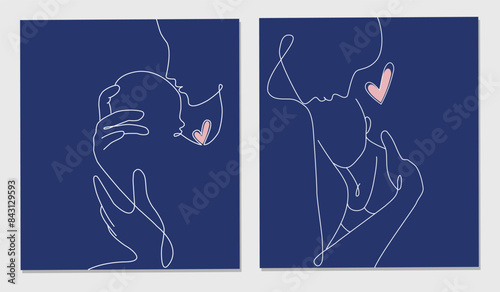 Vector set of One line drawing greeting card for Happy Mother's Day. Vector illustration of mother holding a new born baby in oneline style.