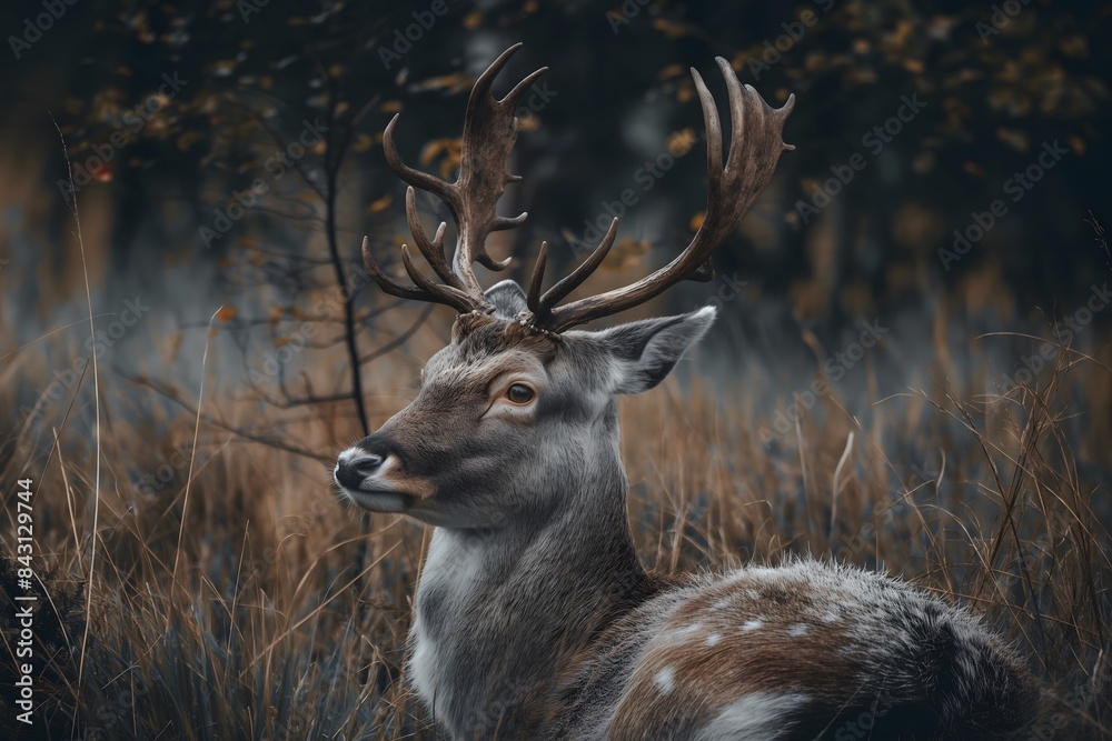 Fototapeta premium Majestic Stag Resting in Peaceful Meadow with Soft Light
