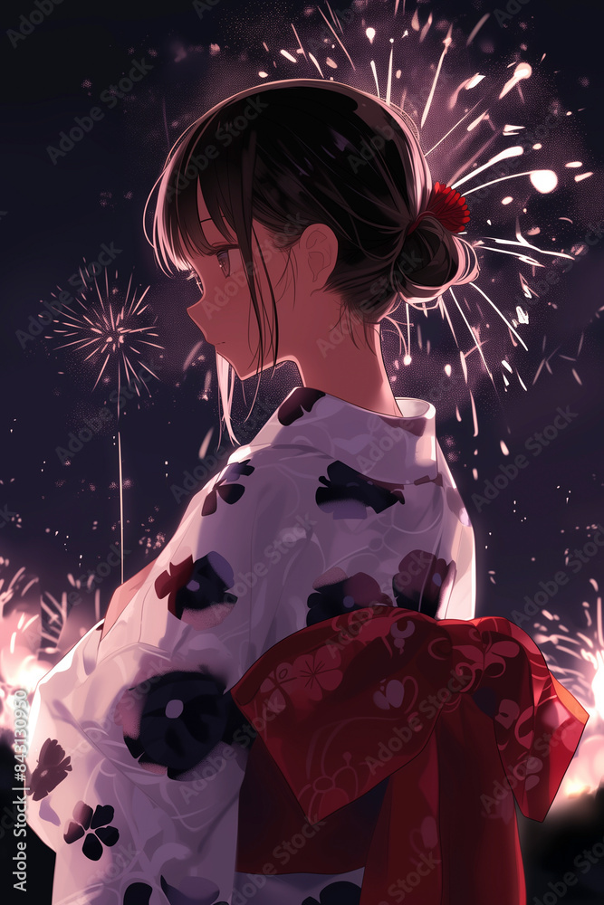 Anime Girl In Kimono Watching Fireworks At Night Anime Girl In Kimono Watching Fireworks At Night