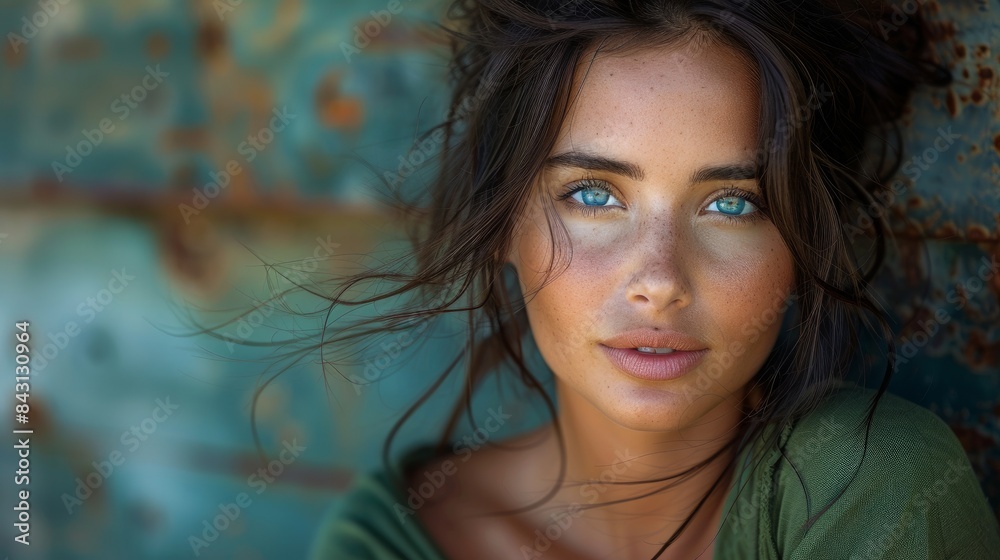street photography portrait, closeup, a beautiful woman with blue eyes, sitting on a bench, dark hair held on bun, she is wearing green outfit. street photography portrait, closeup, a beautiful woman with blue eyes, sitting on a bench, dark hair held on bun, she is wearing green outfit.