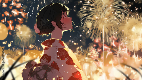 Anime Girl In Kimono Watching Fireworks At Night