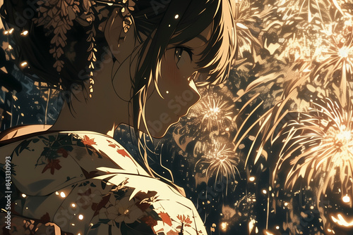Anime Girl In Kimono Watching Fireworks At Night