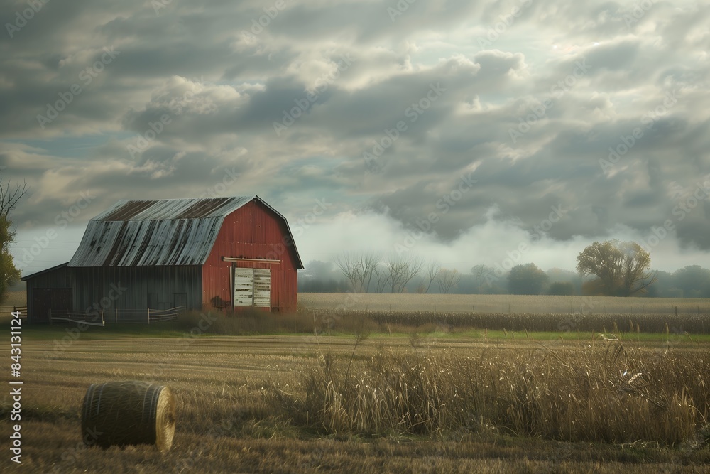 Tranquil Rural Scene with Red Barn and Moody Skies Tranquil Rural Scene with Red Barn and Moody Skies