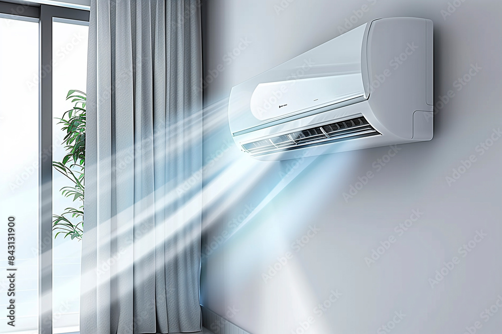 Air Conditioner Blowing Cool Air Into a Room With White Curtains Air Conditioner Blowing Cool Air Into a Room With White Curtains