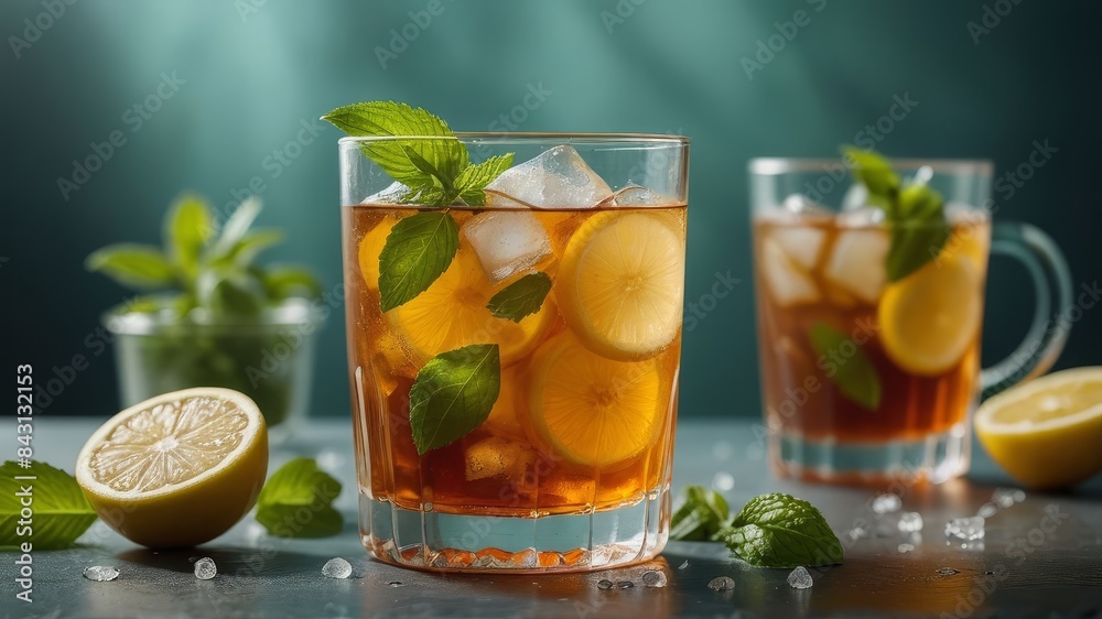 A refreshing glass of iced tea with lemon slices and mint sprigs, with condensation on the glass and ice cubes floating.