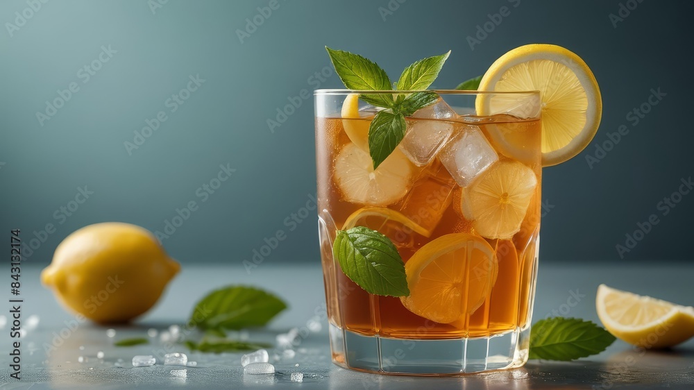 A refreshing glass of iced tea with lemon slices and mint sprigs, with condensation on the glass and ice cubes floating. A refreshing glass of iced tea with lemon slices and mint sprigs, with condensation on the glass and ice cubes floating.
