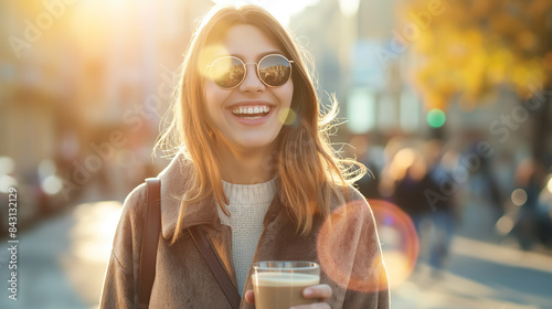 Uma garota feliz e bem sucedida andando sob o sol dourado nas ruas de uma cidade grande com um copo de café nas mãos photo