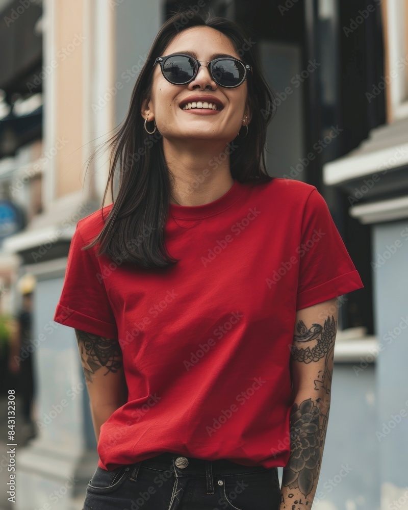 A woman in a red t-shirt smiles brightly, looking up at the sunlit city A woman in a red t-shirt smiles brightly, looking up at the sunlit city