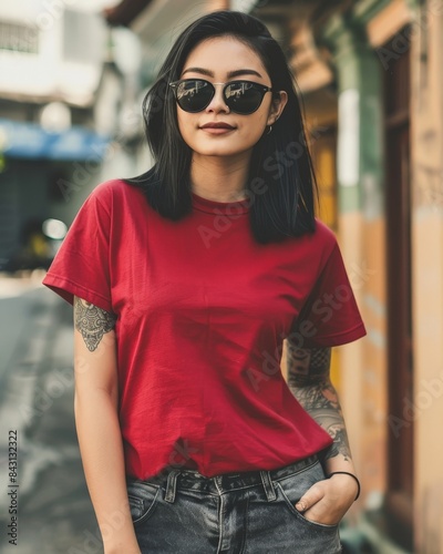 A woman in a red t-shirt walks down a city street © Leli