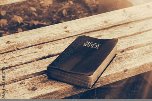 The Holy Bible resting on a park bench