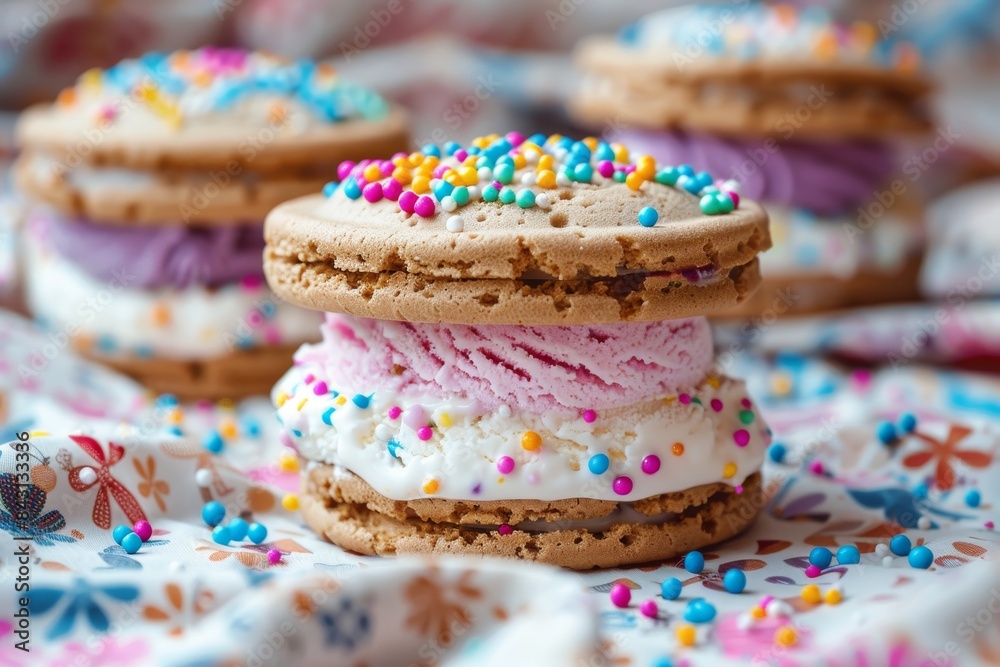 Colorful ice cream sandwiches with sprinkles on a festive tablecloth Colorful ice cream sandwiches with sprinkles on a festive tablecloth