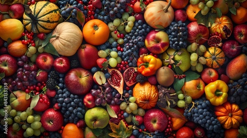 Abundant Autumn Harvest: A Still Life of Fruits and Vegetables - A vibrant and colorful arrangement of fresh fruits and vegetables, including apples, grapes, pumpkins, and more, celebrates the bounty  © Nima