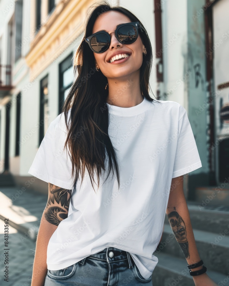 A woman in a white t-shirt smiles at the camera A woman in a white t-shirt smiles at the camera