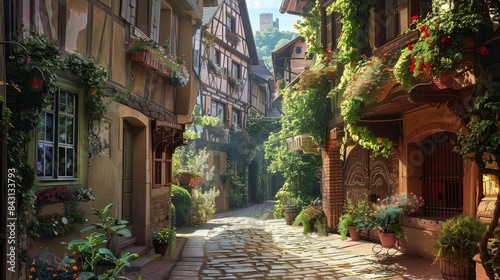Charming Stone Cobblestone Alleyway in a European Village - A narrow cobblestone alleyway winds through a European village with colorful flowers lining the buildings.