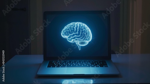 Digital Brain on a Laptop Screen - A glowing, digital rendering of a brain is displayed on a laptop screen.