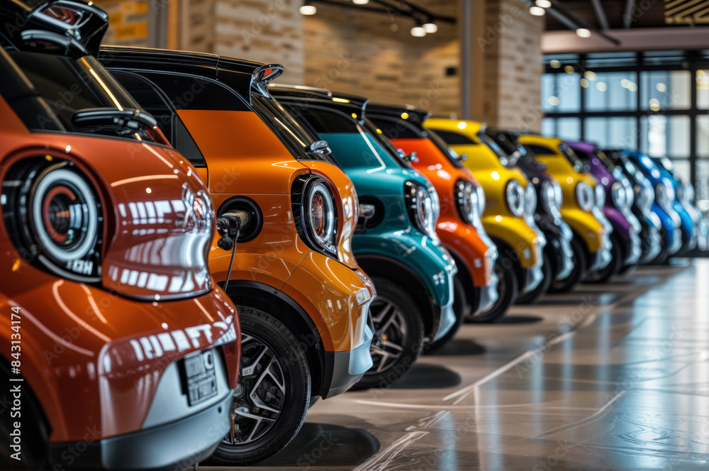 City electric cars parked in row on indoor parking City electric cars parked in row on indoor parking