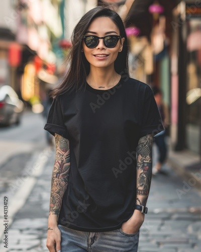 A woman with vibrant tattoos and sunglasses walks confidently through the city streets