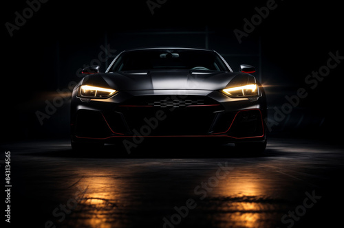 Fototapeta Naklejka Na Ścianę i Meble -  Front view of a generic black sport car isolated on a dark background