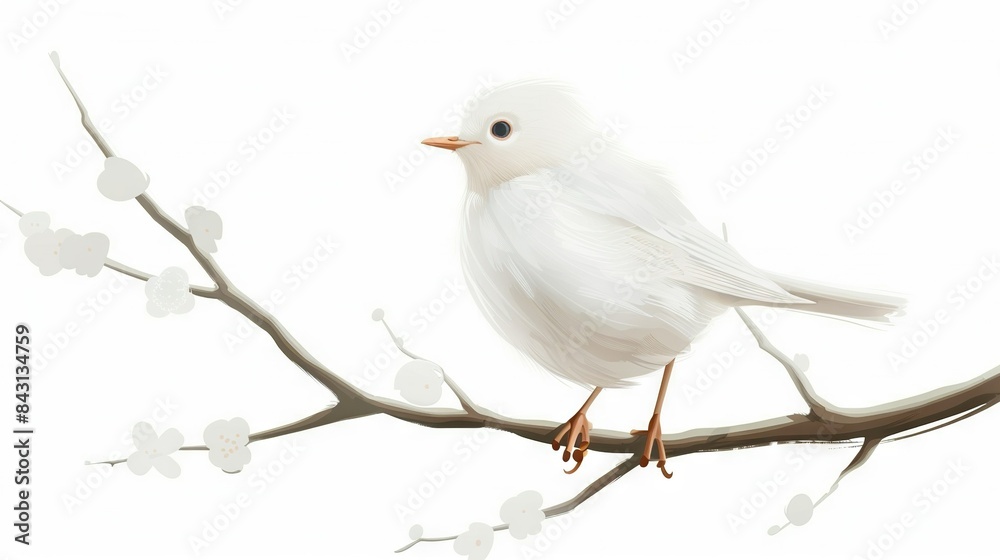 A bird perched on a tree with white blossoms against a white backdrop A bird perched on a tree with white blossoms against a white backdrop