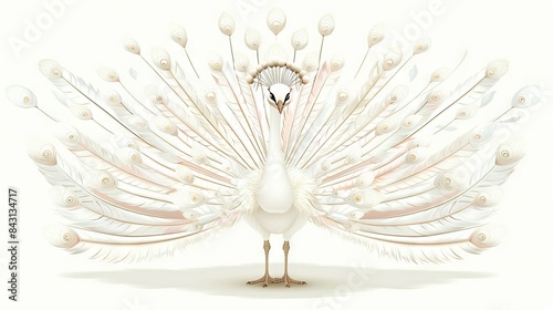   A white peacock with feathers spread from its back and tail feathers spread to the side