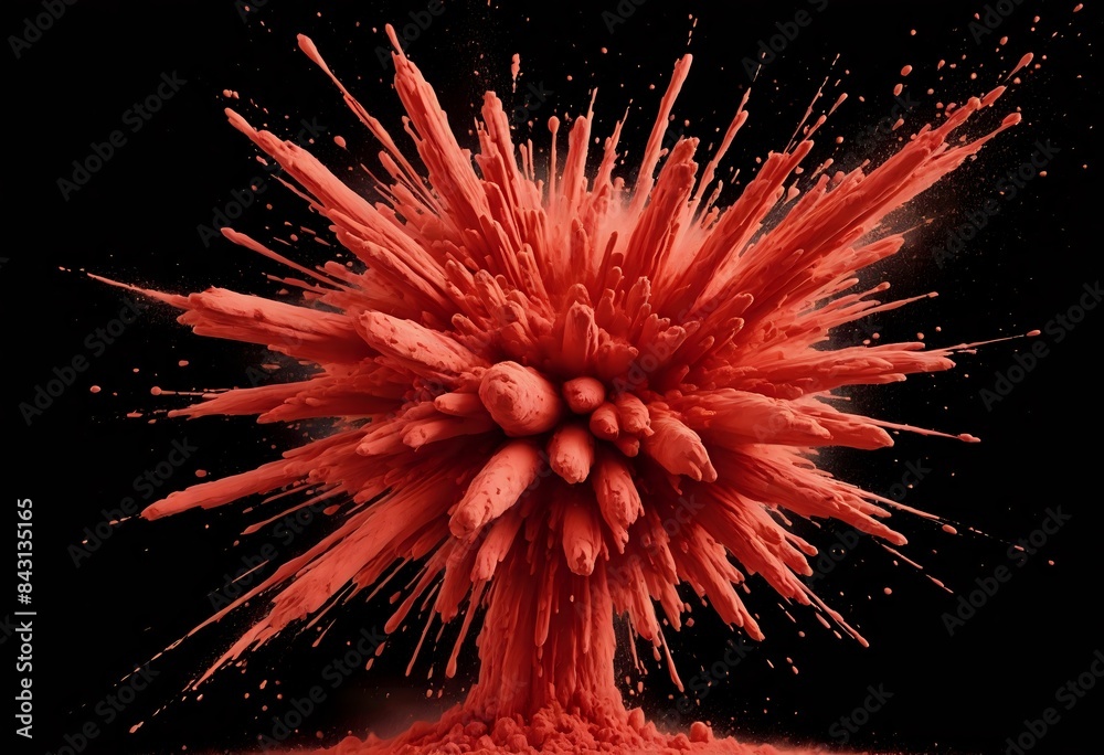 Red Holi color powder splashing, burst effect explode isolated on black background. Red Holi color powder splashing, burst effect explode isolated on black background.
