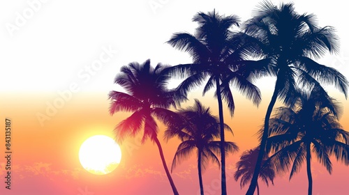 Bright and light summer sunset setup  featuring the silhouette of palm trees  isolated on a white background. 