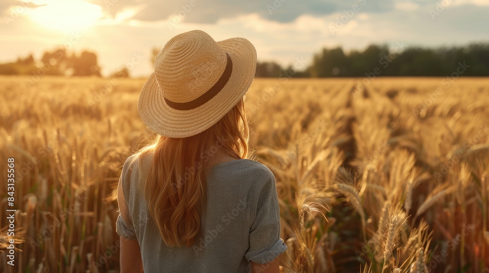 Female farmer examining wheat field for crop quality and growth before harvest Agricultural enterprise Female farmer examining wheat field for crop quality and growth before harvest Agricultural enterprise
