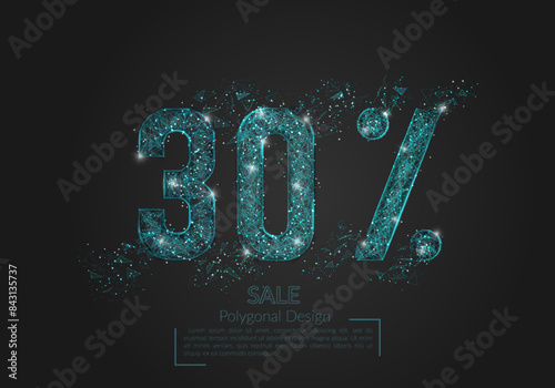 Abstract isolated blue 30 percent sale concept. Polygonal illustration looks like stars in the black night sky in space or flying glass shards. Digital design for website, web, internet.