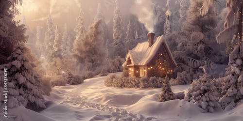 Cozy Log Cabin with Festive Lights in Snowy Forest - Generative AI