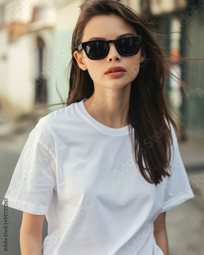 Woman in white t-shirt and sunglasses outdoors © Leli
