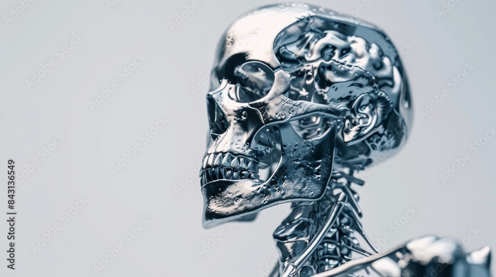 Metallic Skeleton Head in Profile - A close-up of a metallic skeleton head in profile, rendered with a glossy finish. Metallic Skeleton Head in Profile - A close-up of a metallic skeleton head in profile, rendered with a glossy finish.