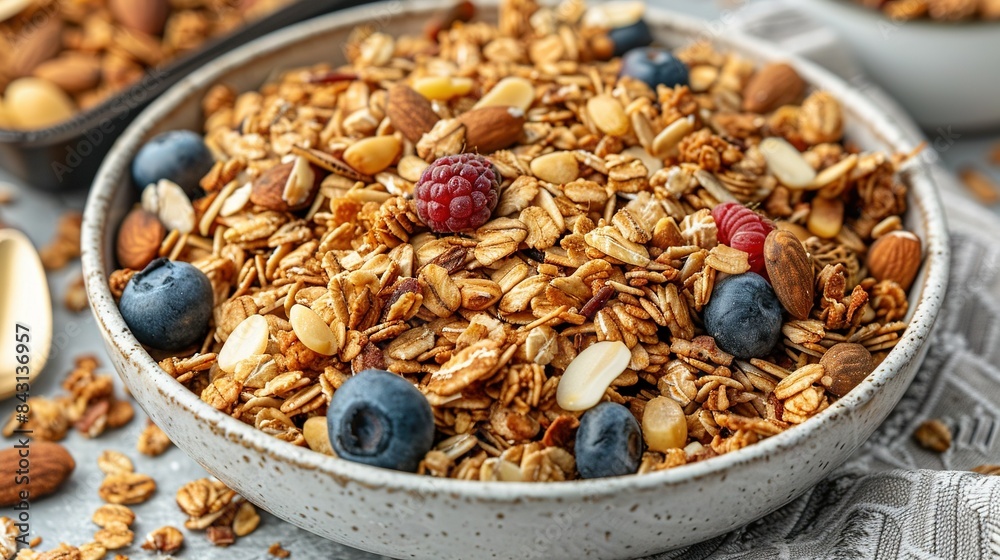 A bowl of granola with blueberries, raspberries, almonds, and almonds on a table A bowl of granola with blueberries, raspberries, almonds, and almonds on a table