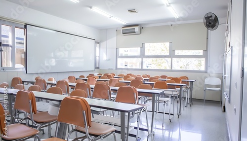A bright classroom with an empty whiteboard and rows of clean desks and chairs